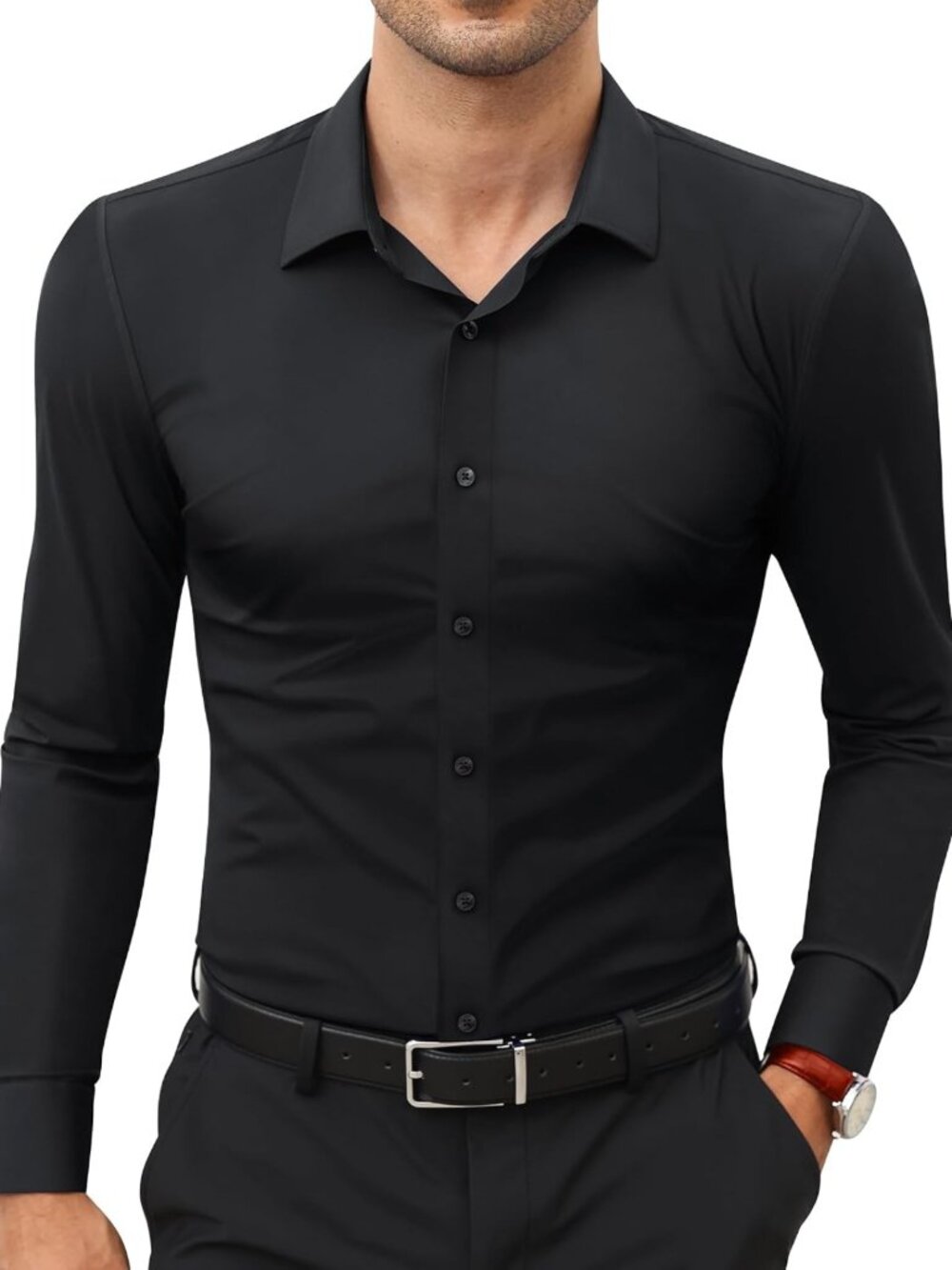 Slim Fit Long Sleeve Dress Shirt for Men - Stretch, Wrinkle-Free, Muscle Fit